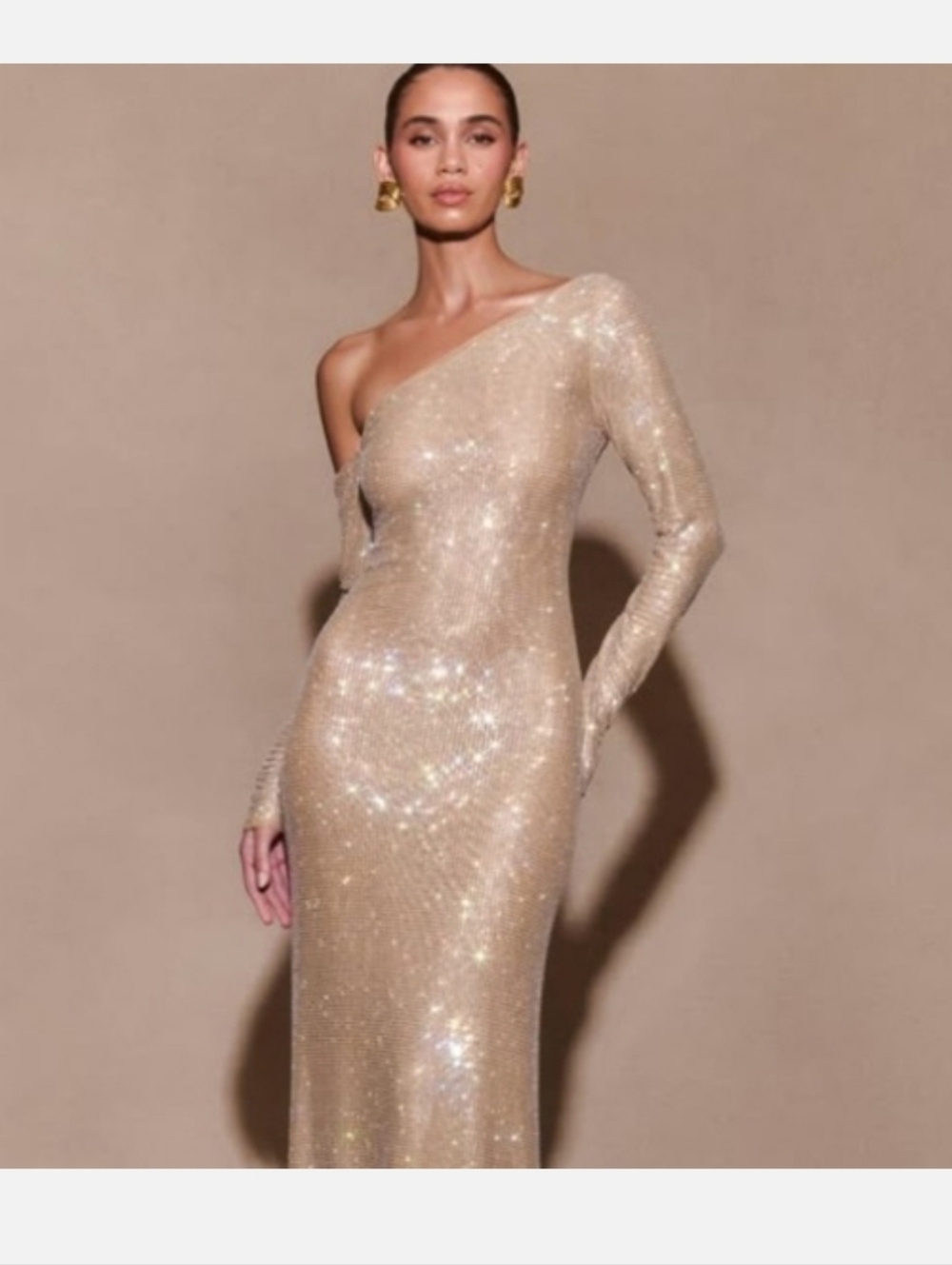 Meshki One-Shoulder Sequin Gown in Champagne Gold
